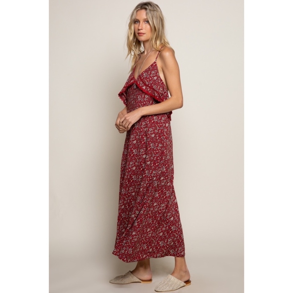 POL Red Floral Print Relaxed Fit Sleeveless Ruffle Midi Dress - Picture 3 of 7